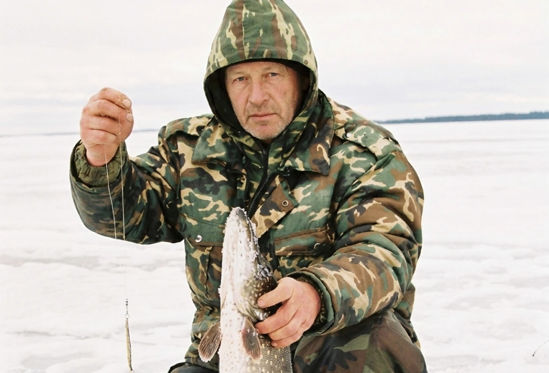 Мужчина на зимней рыбалке